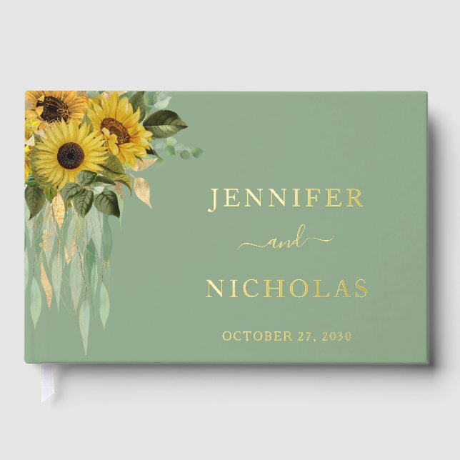 Elegante Sage Green Sunflower Wedding Gold Gästebuch (Vorderseite)