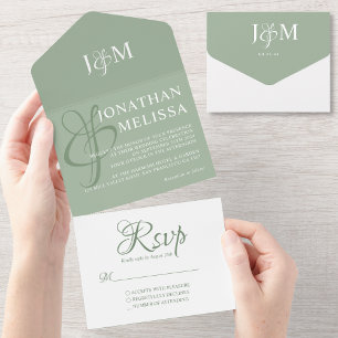 Elegante Sage Green und Weiße Monogramm-Hochzeit All In One Einladung