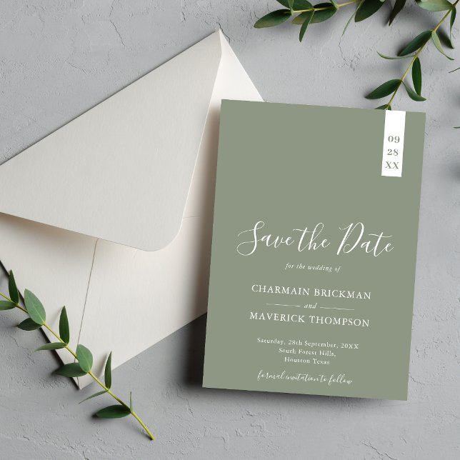 Elegante Sage Green und White Script Wedding Save The Date (Von Creator hochgeladen)