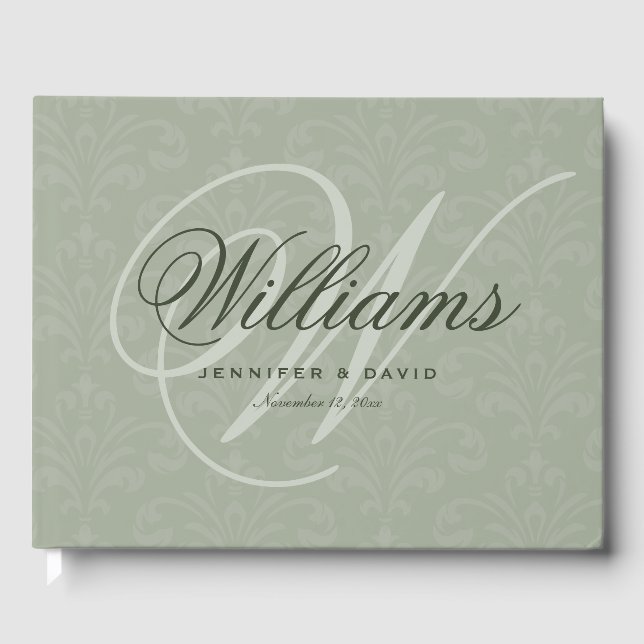 Elegante Sage Green Vintag Script Monogram Wedding Gästebuch (Vorderseite)
