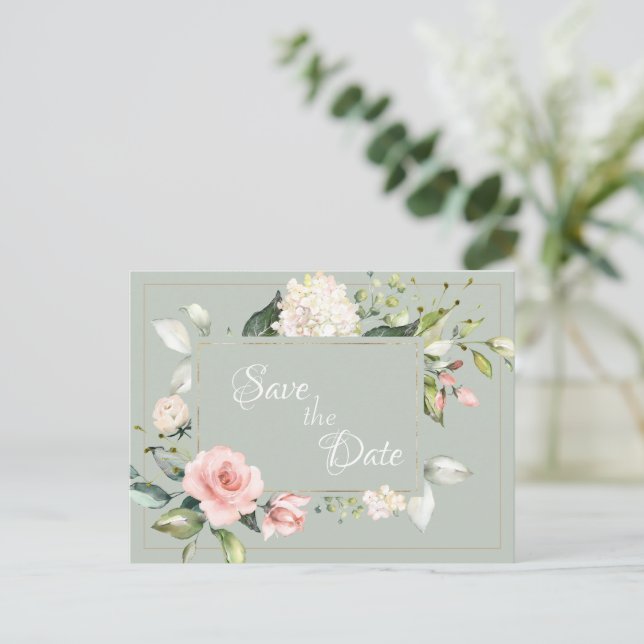 Elegante Sage Green Watercolor Floral Wedding Postkarte (Stehend Vorderseite)
