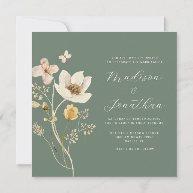 Elegante Sage Green Watercolor Wildblume Hochzeit Einladung (Vorderseite)