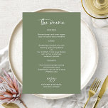 Elegante Sage Green Wedding Menu Cards Einladung<br><div class="desc">Eine stilvolle kalligraphische Hochzeitskarte für den Teller. Einfach mit Ihren Daten personalisieren. ANKUNFT: Wenn Sie eine Anpassung des Designs benötigen,  kontaktieren Sie mich bitte über den Chat; wenn Sie Informationen über Ihre Bestellung,  Versandoptionen,  etc. benötigen,  wenden Sie sich bitte direkt an den Zazzle-Support.</div>