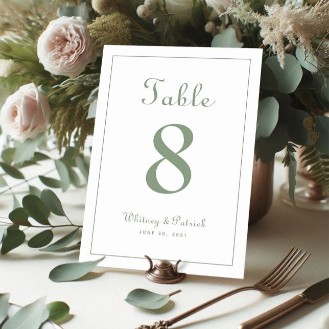 Elegante Sage Green Wedding Rezeption formales Abe Tischnummer (Von Creator hochgeladen)
