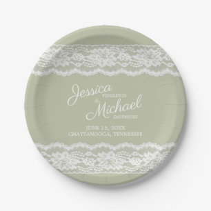 Elegante Sage Green White Lace Wedding Pappteller