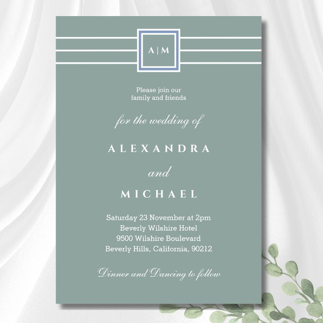 Elegante Sage Green White Monogram Modern Wedding Einladung (Von Creator hochgeladen)