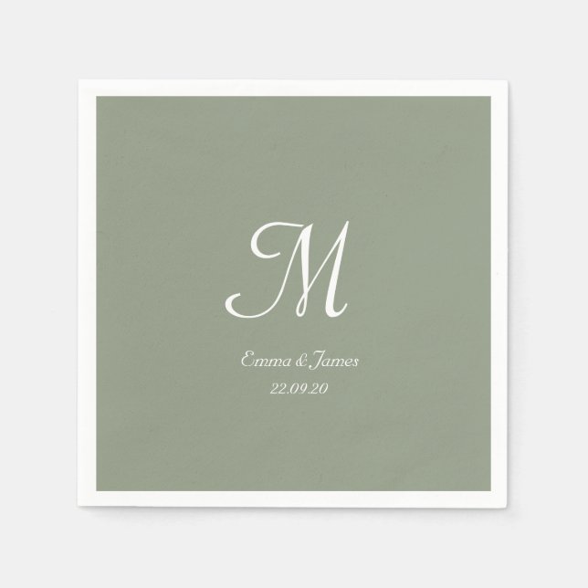 Elegante Sage Green & White Monogram Wedding Party Serviette (Vorderseite)