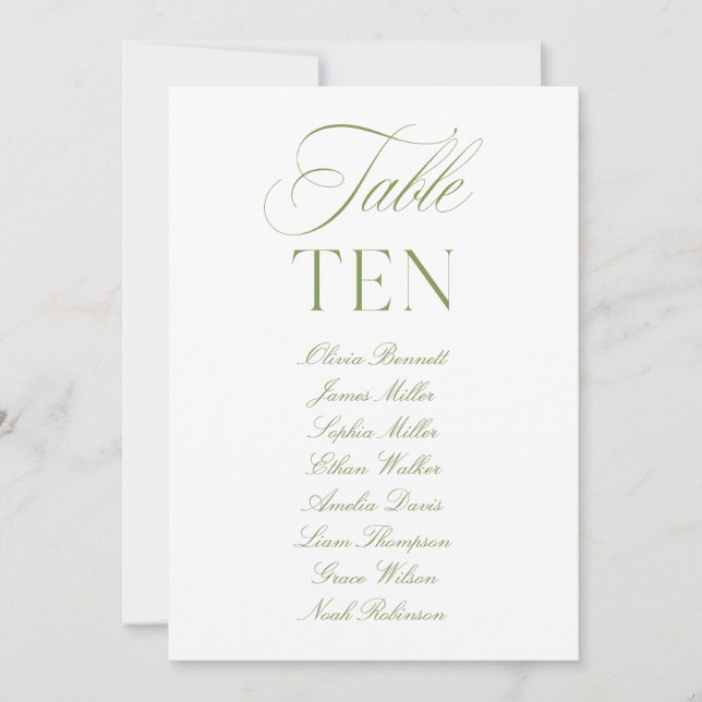 Elegante Sage Green & White Wedding Tischnummer (Vorderseite)