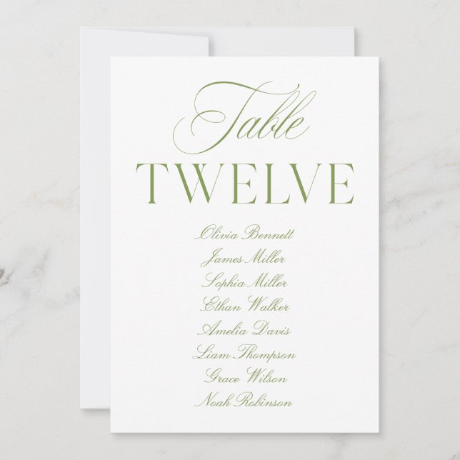 Elegante Sage Green & White Wedding Tischnummer (Vorderseite)
