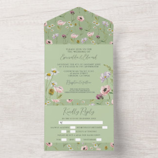 Elegante Sage Green Wild Blume Botanische Hochzeit All In One Einladung