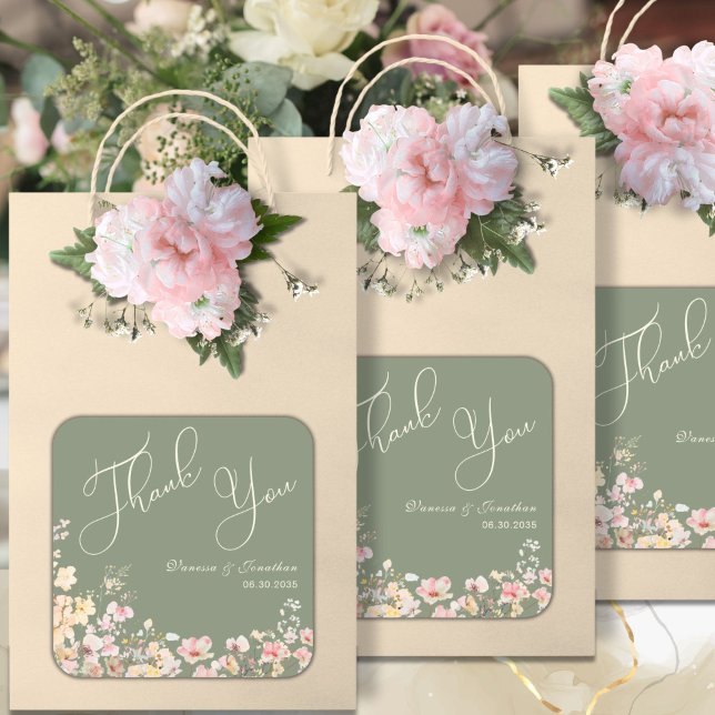 Elegante Sage Green Wildblume Vielen Dank Quadratischer Aufkleber (Von Creator hochgeladen)
