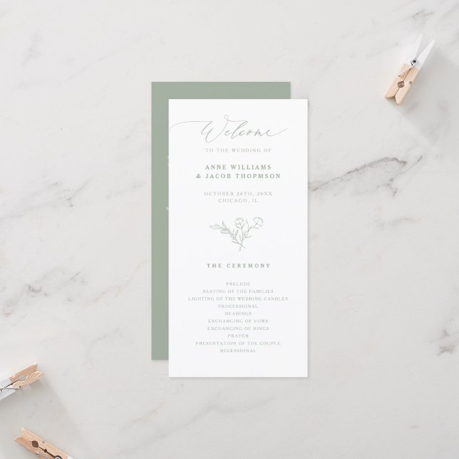 Elegante Sage Greenery Boho Floral Wedding Program (Vorderseite/Rückseite Beispiel)
