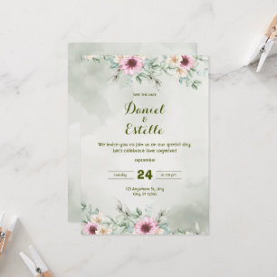 Elegante Sage-Grün Florale Wasserfarben Hochzeits  Einladung