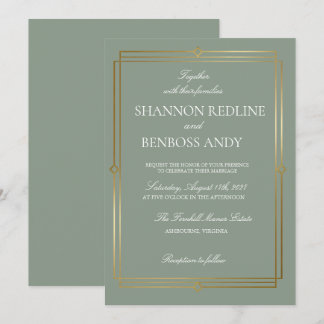 Elegante Sage-Grün & Gold-Monogramm-Hochzeit Einladung