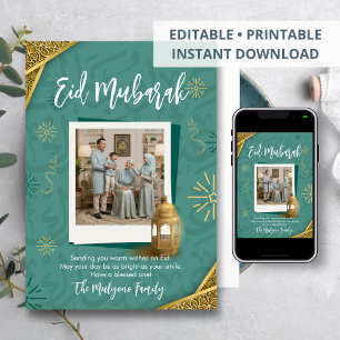 Elegante Sage-Grün und Gold Eid Mubarak Fotokarte Feiertagskarte