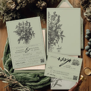 Elegante Sage-Grün Vintage-Floral Boho-Hochzeit Einladung