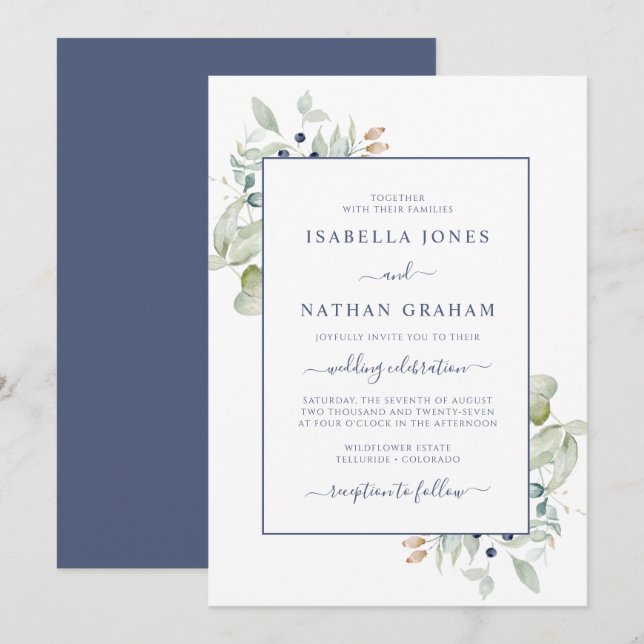 Elegante Sage Navy Wasserfarbe Botanische Hochzeit Einladung (Vorne/Hinten)