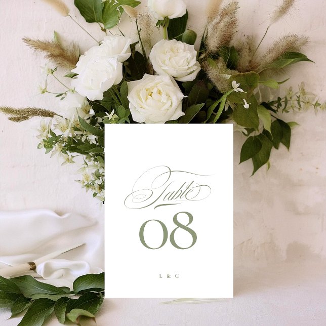 Elegante Sage on White Calligraphy Wedding Tischnummer (Von Creator hochgeladen)
