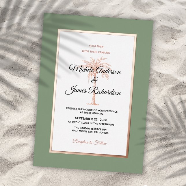 Elegante Sage Rose Goldene Palme Tropische Hochzei Folieneinladung (Elegant Sage Rose Gold Palm Tree Tropical Wedding Foil Invitation)