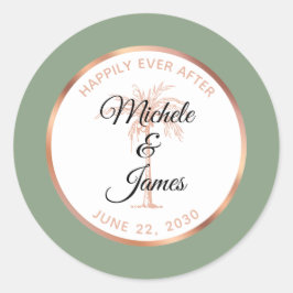 Elegante Sage Rose Goldene Palme Tropische Hochzei Runder Aufkleber