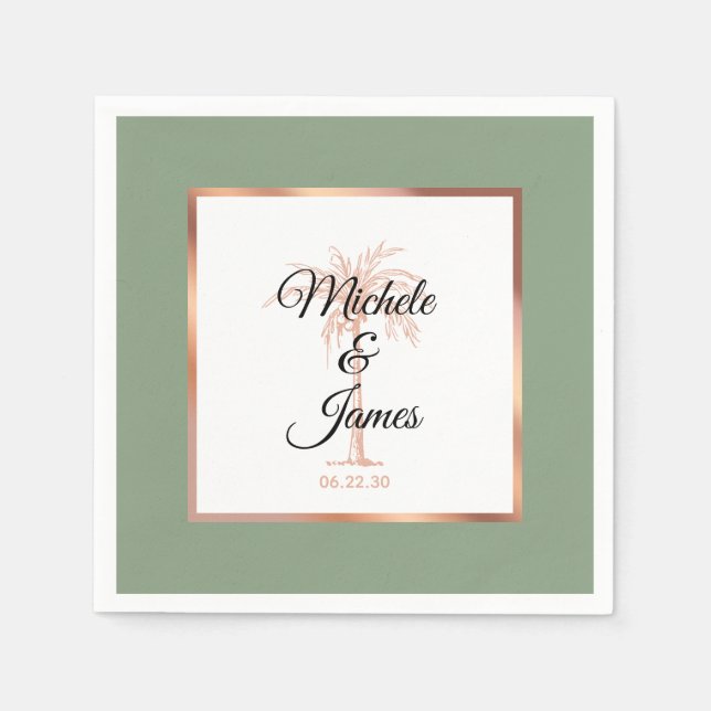 Elegante Sage Rose Goldene Palme Tropische Hochzei Serviette (Vorderseite)