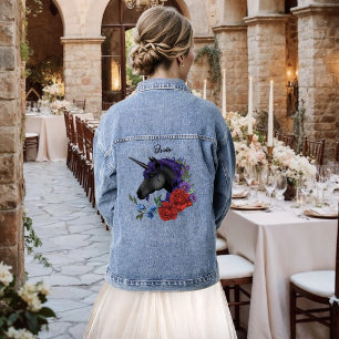 Elegante Sage-Schwarze-Einhorn-Blumen-Fantasie-Hoc Jeansjacke