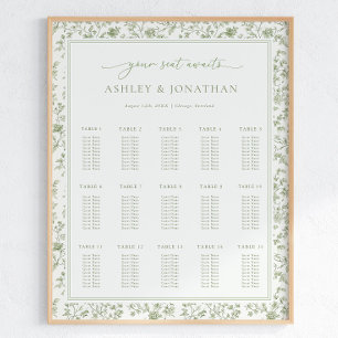 Elegante Salbei-Chinoiserie-Hochzeitssitzplan Poster