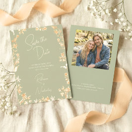 Elegante Salbei-Elfenbein-Script-Wildblumen-Foto Save The Date