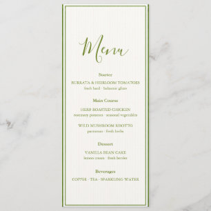 Elegante Salbei-gestreifte Hochzeitsmenükarte Menükarte