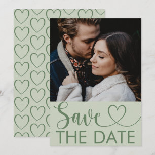 Elegante Salbei-Grün-Foto & Herz Termin vormerken Save The Date