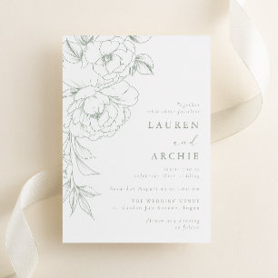 Elegante Salbei-Linienkunst-Blumenhochzeit Einladung