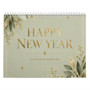 Elegante Salbei- und Gold-Glückwunschkarte zum Neu Kalender