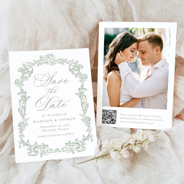 Elegante Salbei-Victorian-Blumen-QR-Code-Hochzeit Save The Date (Von Creator hochgeladen)