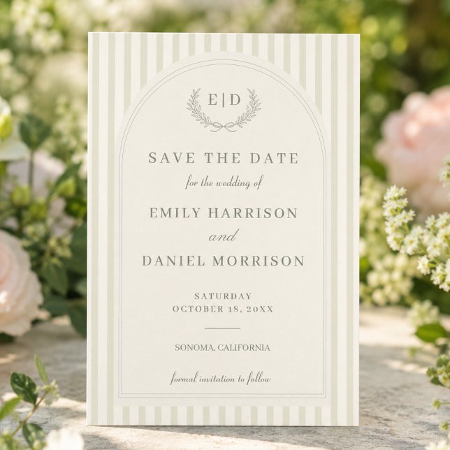 Elegante, salbeigrün gestreifte Monogramm-Hochzeit Save The Date (Von Creator hochgeladen)