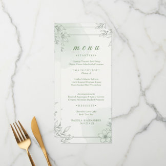 Elegante Salbeigrün-Linienkunst-Blumen-Dinnerkarte Menükarte