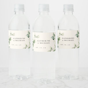 Elegante Salbeigrüne Blätter und Rosen Elfenbein H Wasserflaschenetikett