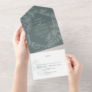 Elegante Salbeigrüne Botanische Hochzeit mit Blume All In One Einladung