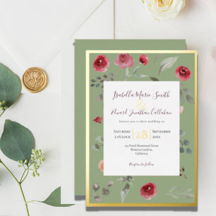 Elegante Salbeigrüne Burgunderrosen Goldfolie-Einl Folieneinladung