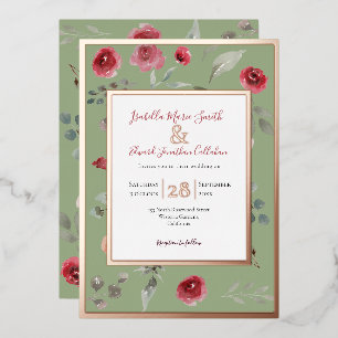 Elegante Salbeigrüne Burgunderrosen Roségold Folieneinladung