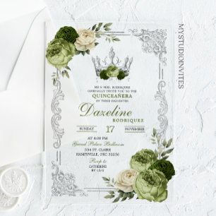 Elegante Salbeigrüne Elfenbein-Krone Quinceanera Acryleinladungen