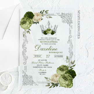 Elegante Salbeigrüne Elfenbein-Krone Quinceanera Acryleinladungen