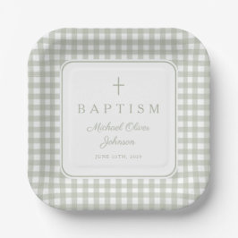 Elegante Salbeigrüne Gingham-Jungentaufe Pappteller