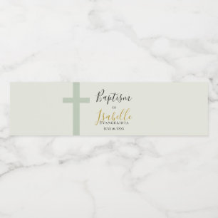 Elegante Salbeigrüne Gold-Minimal-Kreuz-Taufe Wasserflaschenetikett