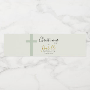 Elegante Salbeigrüne Gold-Minimal-Kreuz-Taufe Wasserflaschenetikett