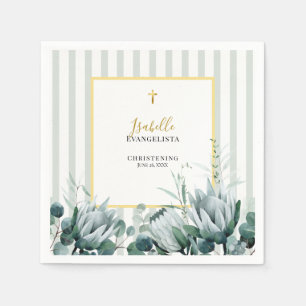 Elegante Salbeigrüne Goldene Florale Taufe Serviette