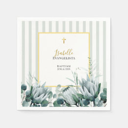 Elegante Salbeigrüne Goldene Florale Taufe Serviette