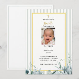 Elegante Salbeigrüne Goldene Foto-Tauf-Einladung Einladung