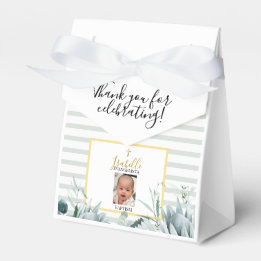 Elegante Salbeigrüne Goldene Foto-Taufe Geschenkschachtel