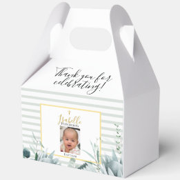Elegante Salbeigrüne Goldene Foto-Taufe Geschenkschachtel