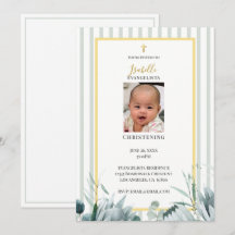Elegante Salbeigrüne Goldene Foto-Taufeinladung